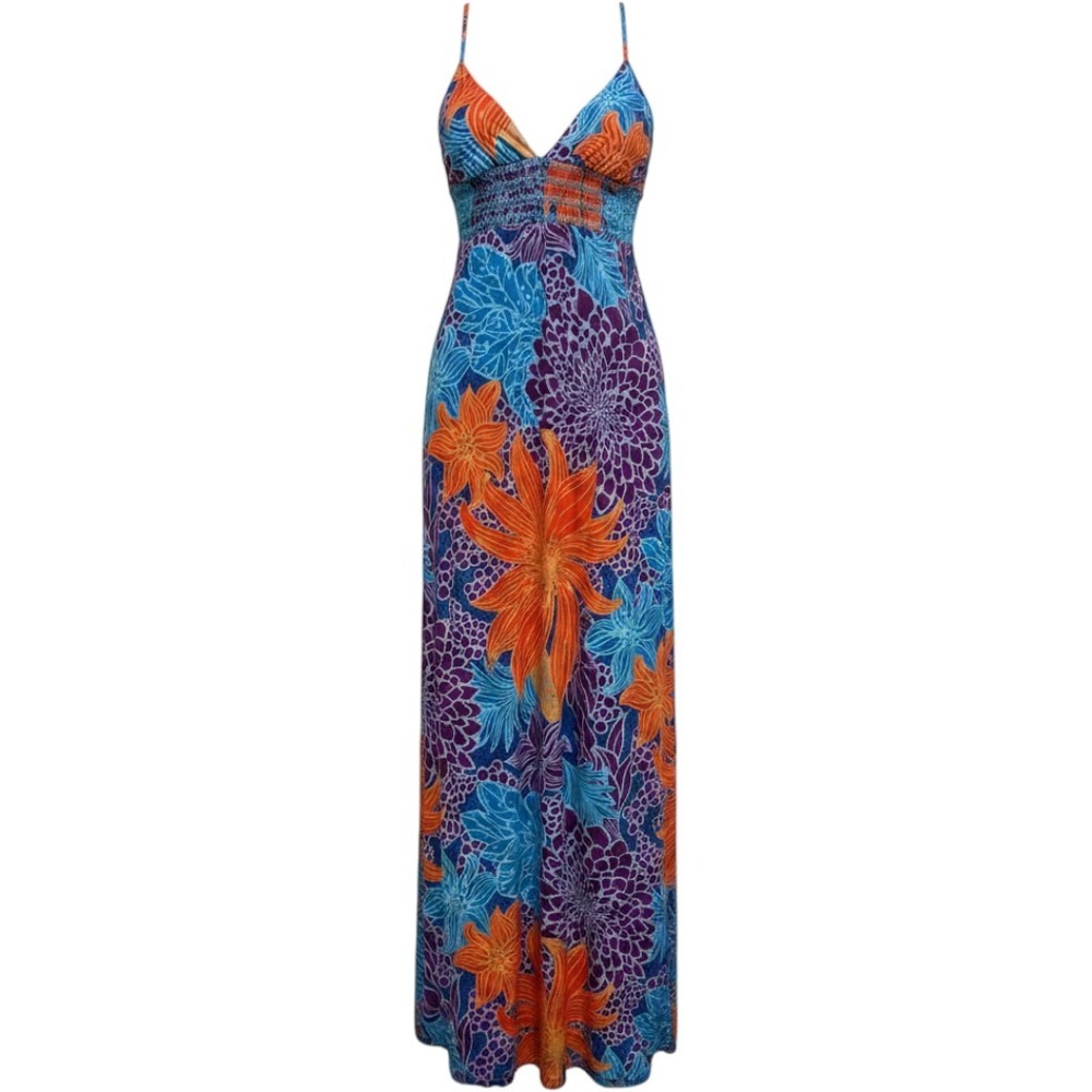 VTG Y2K Moda International Maxi Dress Womens S Blue Orange Floral Halter Smocked